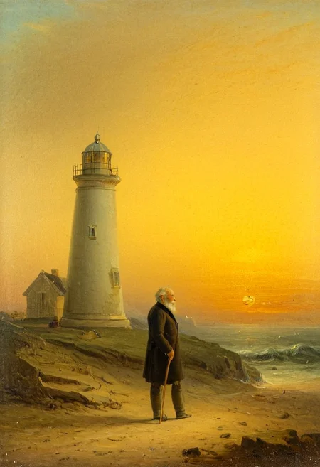 old man near the lighthouse, sunset, sentimental, by George Dawe, 19th century, oil painting