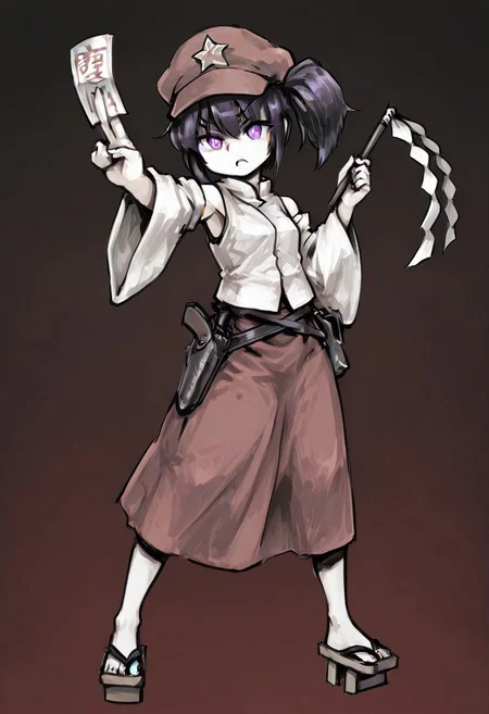 (V1 Temp), break, 1girl, ((dipplabelgirl), side ponytail, red cabbie hat, star hat ornament, white vest, mandarin collar, bow, wide sleeves, red skirt, bare shoulders, purple eyes, black hair, geta, leather hip holster, pistol in holster), holding gohei, standing, posing, confident, holding white Ofuda, full body, dark background, glowing eyes, digital background, blocky background, simple background, red monochrome, jaggy lines, foreshortening