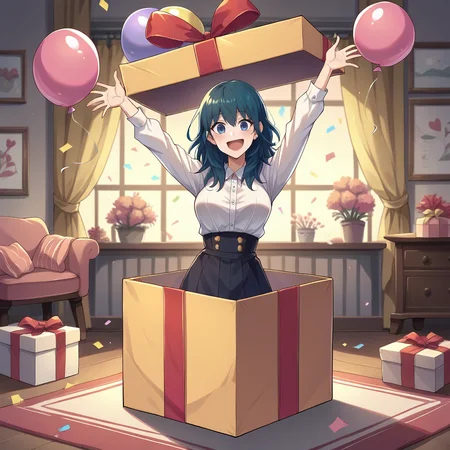 score_9, score_8_up, score_7_up, score_6_up, score_5_up, score_4_up, zPDXL2,source_anime,rating_questionable,   indoors, 1girl, looking at viewer, day time, party, balloons, confetti , byleth_(female)_(fire_emblem) <lora:Present_Box:0.8> pr3s3nt, gift box, looking at viewer, cowboy shot, day time, excited, happy, arms up, jumping