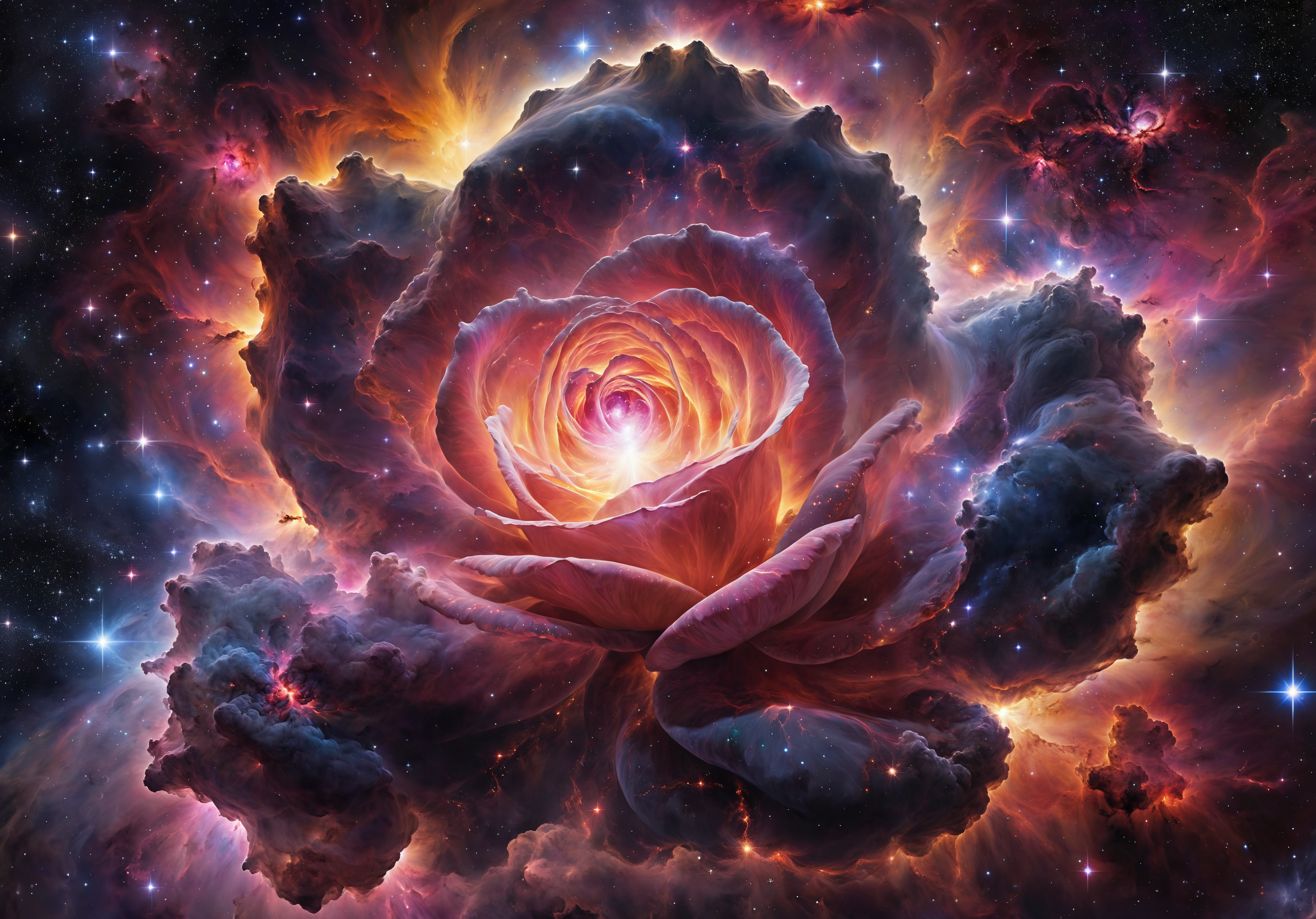 breathtaking A hyperdetailed digital ink painting of a colorful nebula in form of (semi-transparent rosebud partially colored with translucent nebula :1.12) . high contrast, This fantastical creation features petals-streams that swirl with vibrant nebula, stream seems to be made from vivid nebula, with a glare that makes the nebula appear to glow from within. The edges of the petals streams are tinged with the  glow of  stars, center pulses with a bright, stellar light. The background is a dark, vast space that accentuates the luminosity and intricate details of the nebula, with specks of white stars scattered across it, enhancing the surreal and majestic atmosphere . award-winning, professional, highly detailed