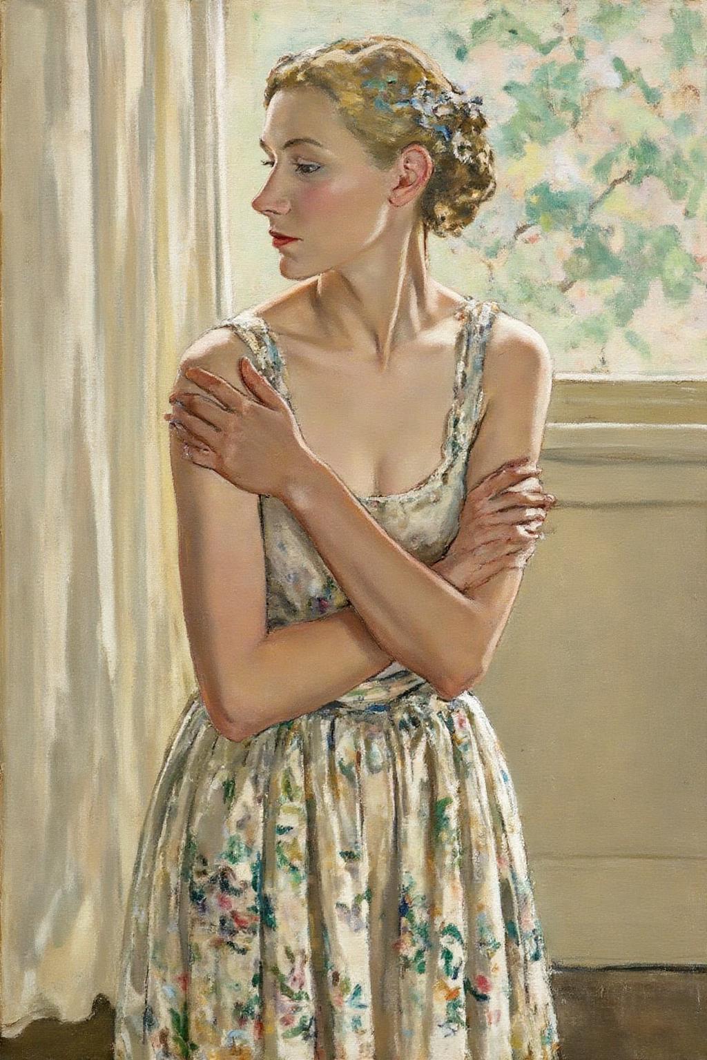 ethelleontinegabain1 painting.
A woman, her face shown in side profile, standing indoors, dressed in a light-colored dress with floral patterns. She has her arms crossed over her chest, and her hair is styled elegantly with a small floral accessory. The background features a window with light-colored curtains, showing greenery outside. <lora:ethelleontinegabain1_cap_d8a4:1.0><lora:862154868930935159:0>