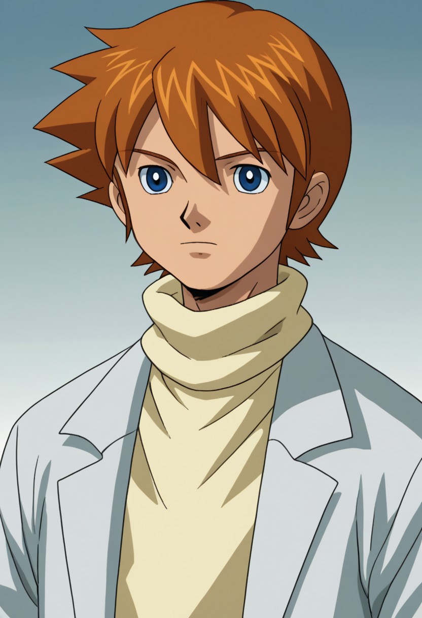 score_9, score_7_up, source_anime
chrisdyke, 1boy, male focus, solo, aged up, blue eyes, brown hair, short hair, spiked hair, hair beyween eyes, sweater, white sweater, turtleneck, labcoat
indoor