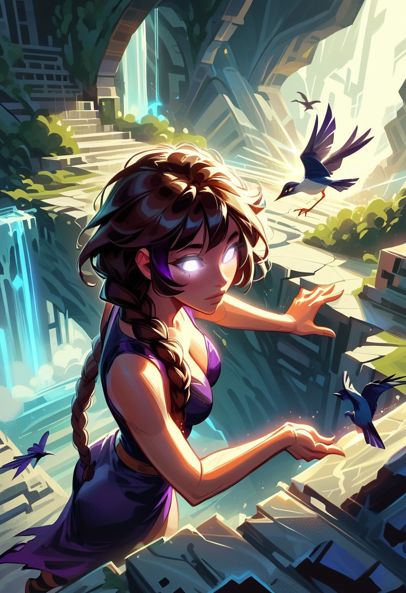 score_9, score_8_up, score_7_up, rating_safe, graphic novel, illustration, best quality, athletic woman, beautiful, braided brown hair, climbing, exquisite ruins, waterfall, bird's eye view, daylight shining through cracks, cinematic, bokeh, depth of field, 128k, UHD, ultra high res, fcDetailPortrait, (glowing white eyes:1.8), light radiating from eyes, light shining from eyes, prismatic light, fFaceDetail, SkinHairDetail, OverallDetail, LightningMagicAI, GlowingRunesAI_purple, WitchcraftPunkAI