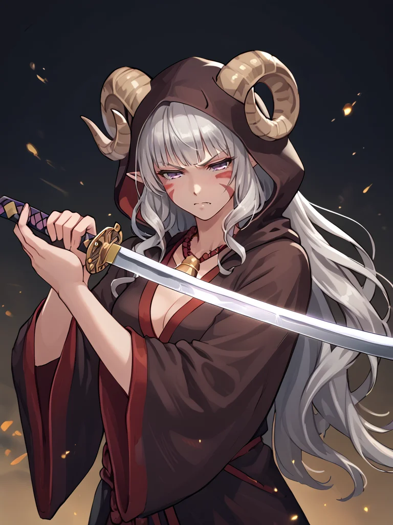 <lora:pointing_katana:0.8> katana, holding katana, 
 source_furry, score_7_up, rating_safe, cowboy shot, gold necklace, tiefing, short pointed ears, brown horns, (a pair of brown sheep Horns that begin at her temples and curve back: 1.5), bangs, long silver hair long wavy hair, pale skin, <lora:whisker_markings:0.8>red whisker_markings ,short pointy ears, purple eyes, <lora:age_slider_v4:0.6>   medium breasts, skinny female,  silver hair, <lora:Tieflingnew weird fantasyDND:0.3> Tiefling, pointed ears, horns, half-closed eyes<lora:Smooth Style 2 SDXL_LoRA_Pony Diffusion V6 XL:0.5> bell, robe, hood off,
 fang , angry:0.7, <lora:high_guard_sword_parry_stance:0.4> high guard sword parry stance