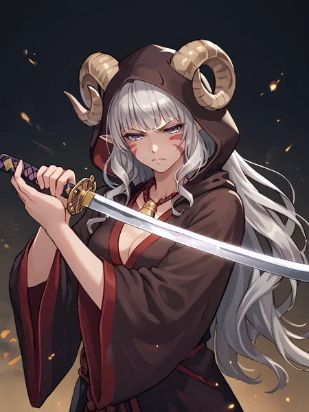 <lora:pointing_katana:0.8> katana, holding katana,
source_furry, score_7_up, rating_safe, cowboy shot, gold necklace, tiefing, short pointed ears, brown horns, (a pair of brown sheep Horns that begin at her temples and curve back: 1.5), bangs, long silver hair long wavy hair, pale skin, <lora:whisker_markings:0.8>red whisker_markings ,short pointy ears, purple eyes, <lora:age_slider_v4:0.6> medium breasts, skinny female, silver hair, <lora:Tieflingnew weird fantasyDND:0.3> Tiefling, pointed ears, horns, half-closed eyes<lora:Smooth Style 2 SDXL_LoRA_Pony Diffusion V6 XL:0.5> bell, robe, hood off,
fang , angry:0.7, <lora:high_guard_sword_parry_stance:0.4> high guard sword parry stance
