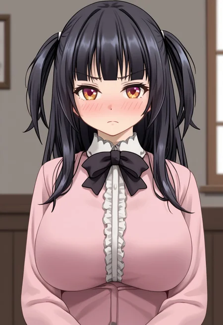 ((masterpiece,best quality,ultra detailed,highres,HD,4k:1.2)),
(large breast,large butt:1.2),1 cute girl,solo,girl focus,solo focus,face focus,
fuyuko mayuzumi, black hair,brown eyes,long hair, ((two side up)), black bow, black bowtie, black ribbon, bow, bowtie, frilled shirt, frills, jirai kei, long sleeves, neck ribbon, (pink shirt), ribbon, indoors, ((Fold your arms, cross your arms in front of your chest,)), blush,frown,Sulky, glaring,