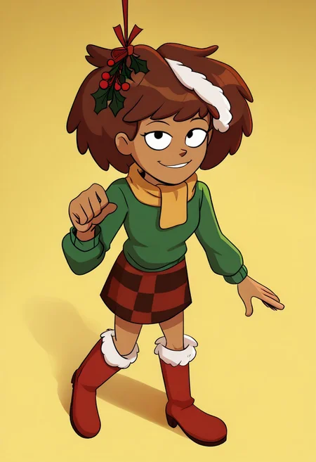 deadinsidestyle, channeboonchuy, , from above, , furry boots, plate skirt, , green jumper, , yellow scarf , christmas , candycane in hair, mistletoe in hair , solo