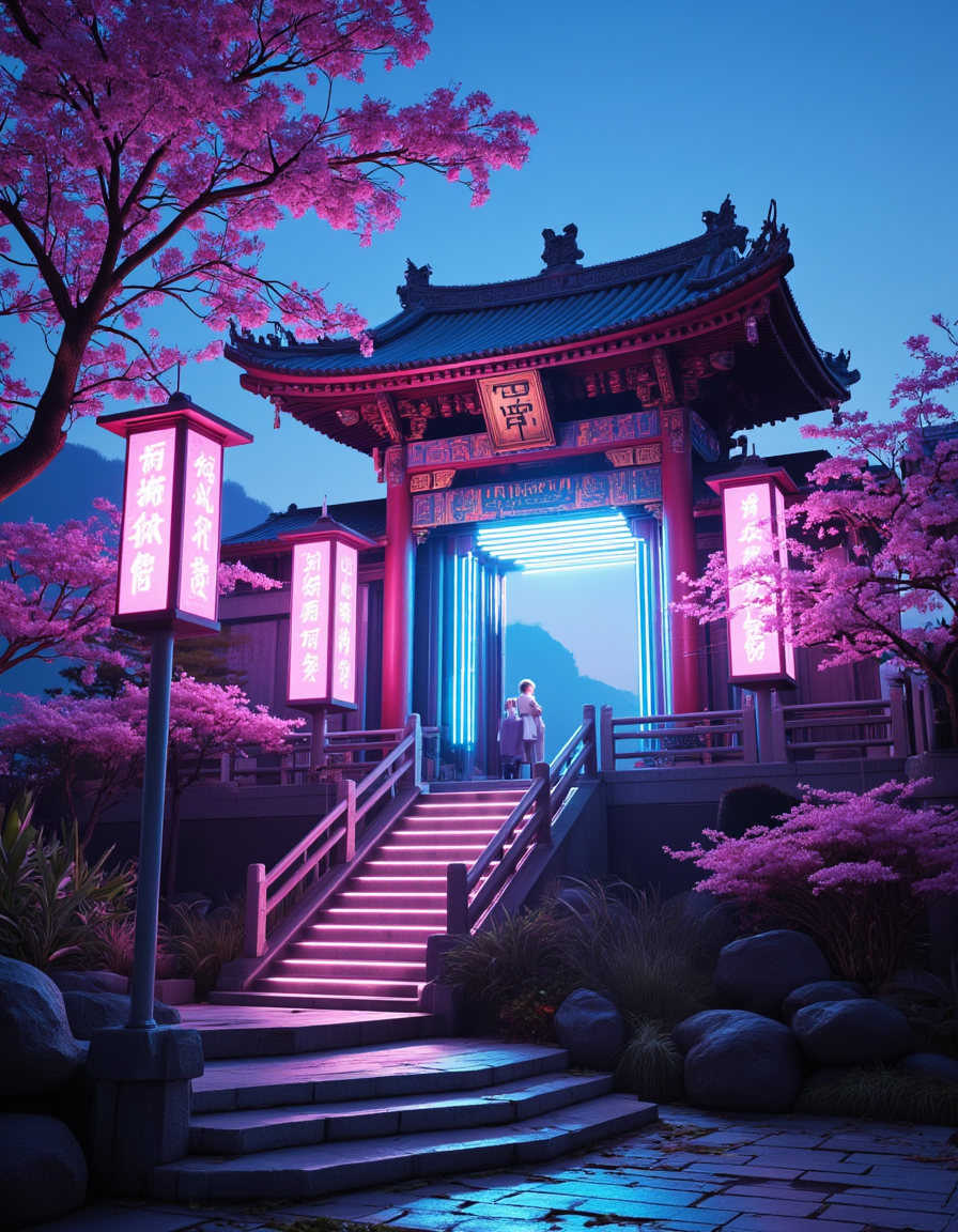 <lora:Cyberpunk_Temples_flux:1>  ct_flux, photo, cyberpunk asian temple, neons, cherry blossom, glowing kanji, blue sky, sunny day, glowing flowers, vegetation, on a mountain, stairs, tree, sea
