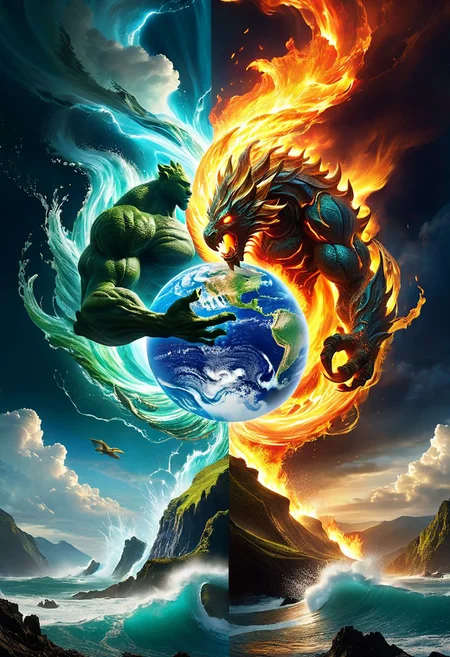 Earth elemental, colliding with fire elemental, colliding with wind elemental, colliding with water elemental