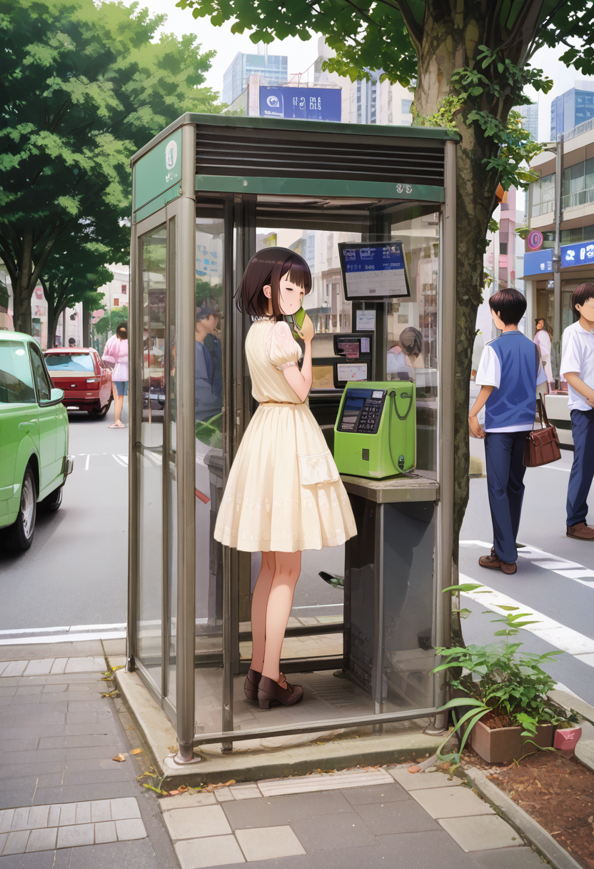 score_9, score_8_up, score_7_up, rating_safe, masterpiece, best quality, absurdres, unity 8k wallpaper, official art, official style, source_anime, uncensored, game cg, megami magazine,
telephone box, tree, motor vehicle, outdoors, multiple girls, bag, multiple boys, day, car, building, real world location, holding, phone, city, short hair, handbag, black hair, scenery, shirt, brown hair, skirt
 <lora:DenwaBoxJP_PONY_V1:1>
