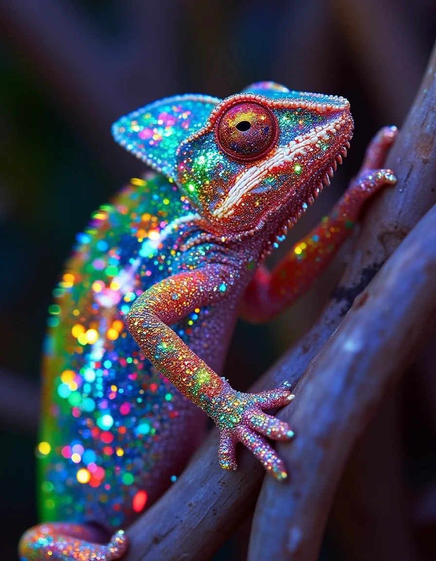 A photo of a chameleon. surreal photo, glitter, mesmerizing, iridescent