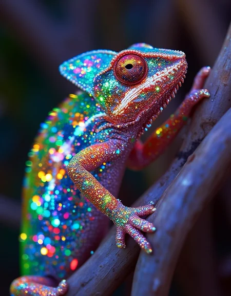 A photo of a chameleon. surreal photo, glitter, mesmerizing, iridescent