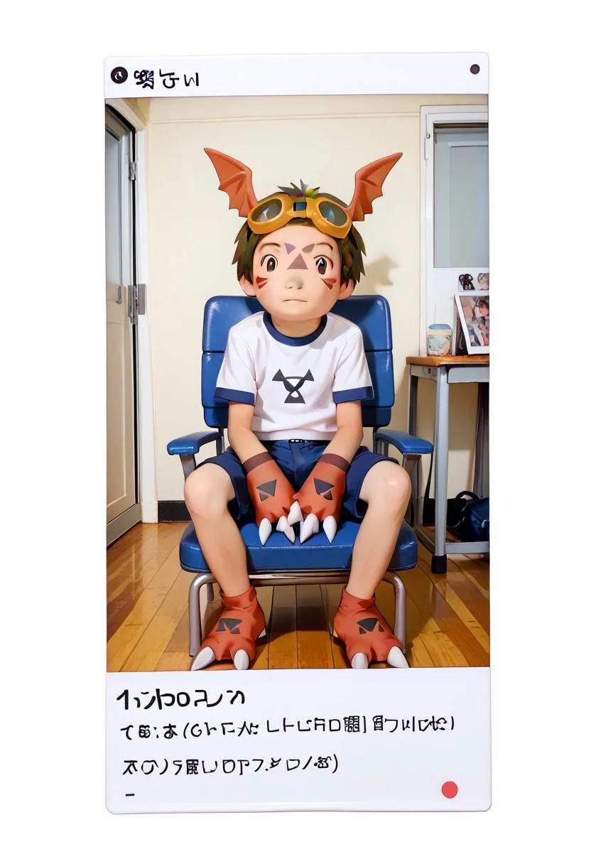 score_9, score_8_up, score_7_up, zPDXL2,
,takato sitting chair hold guilmon,
1boy, solo, goggles on head, brown hair, jyojifuku, white shirt, short sleeves, shorts, gym uniform,,,polaroid_photo,feral,digimon