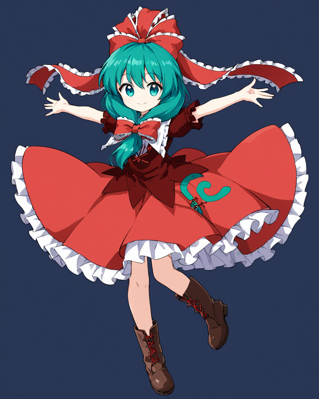 kagiyama hina,1girl, solo, red_dress, front_ponytail, hair_bow, boots, hair_ribbon, full_body, short_sleeves, doll_joints, red_ribbon, frilled_ribbon, brown_footwear, smile, simple_background, outstretched_arms, cross-laced_footwear, closed_mouth
<lora:kagiyama_hina_image8413_2023-12-14:1>,star-shaped_pupils,symbol-shaped_pupils,. gorgeous,key visual, vibrant, studio anime,award-winning, professional, highly detailed,high budget, cinemascope