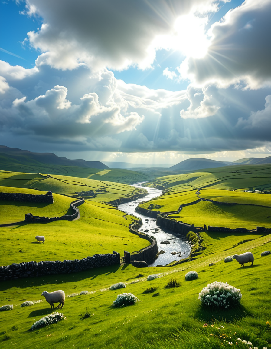 A breathtaking, high-resolution photograph of the rolling plains of Ireland, stretching endlessly under a vast, cloud-streaked sky. The landscape is a lush, vibrant green, with gentle hills covered in soft grass and dotted with scattered wildflowers. Ancient stone walls and winding dirt paths cut through the fields, marking old farmland boundaries. In the distance, a few solitary sheep graze peacefully, their white wool contrasting against the emerald grass. A small, clear river meanders through the valley, reflecting the soft light of the sky. The horizon is framed by low, misty mountains, adding depth and mystery to the scene. Above, the sky is a mix of bright blue and fluffy white clouds, casting dynamic shadows across the landscape as beams of sunlight break through. The atmosphere is serene, timeless, and rich with the natural beauty of the Irish countryside.
<lora:SDXLFaeTastic2400:0.4> <lora:extremely_detailed:0.4> extremely detailed, <lora:rolling_plains_of_1r3l4nd:1>,rolling plains of 1r3l4nd, Masterpiece,best quality,hi res,8k,hi res,8k,award winning,(sharp focus, intricate, highly detailed),