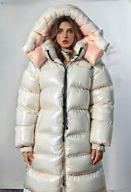 ((((sherpa puffer padded long jacket)))), ((((sharpa puffer padded strait long coat)))), ((((puffer long straight skirt)))),, ((((from back)))),full front view, ankle length skirt, standing, downcoat, winter, 1girl, solo, (masterpiece), (detailed face, detailed eyes),entire view, (beautiful detailed eyes:1.5), sidelighting, (super detail, hyper detail, intricate_details, detailed), looking at viewer, (semi realistic:1.6), very detailed face, (Blonde hair), (white hair), absurdly long hair, hair between eyes, (straight hair), (green eyes), put your hair behind your ears, eyelashs, eyeliner, (eye shadow:0.5), wet hair, sweat, white skin, Angry face, (blush), padded cuffs, padded collar, Thick padded cuffs, Thick padded collar, thick padded hood, hood up<lora:Collar-SDXL:0.6>, <lora:Cuffs-SDXL:0.6>, <lora:Puffer_Jacket_and_Down_Jacket_-_Extra_Puffy_Jackets:0.6>, <lora:puffer_skirt_v1:0.6>