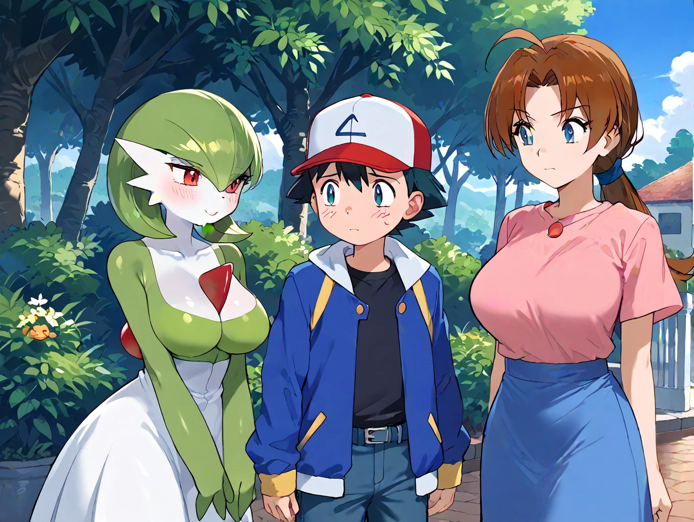 score_9, score_8_up, score_7_up, source_anime, source_furry, 1boy, 2girls, age difference, outdoor ADDCOMM,
mature female, large breasts, furry, female pervert, looking at another boy, drooling, blush, <lora:gardevoir:1> gardevoir, green hair, two-tone skin, green skin, white skin, bob cut, pokemon \(creature\), (red eyes), red chest horn, (3 fingers:1.5), dress ADDCOL, short height, sad, looking at another girl, <lora:Ash1:1> skinny ash3, black hair, black eyes, hat, baseball cap, red cap, blue jacket, shirt, black shirt, pants ADDCOL,
(mature female:1.2), large breasts, angry, looking at another, pokemon \(creature\), <lora:delia-ketchum-ponyxl-lora-nochekaiser:1> deliaketchum, brown hair, brown eyes, parted bangs, ahoge, ponytail, low ponytail, shirt, pink shirt, short sleeves, skirt, blue skirt, long skirt