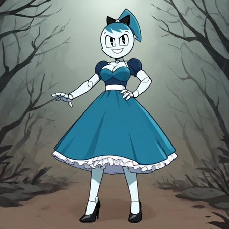 (Masterpiece, best quality:1.2), score_9, score_8_up, flat color, flat shading, soft shading, lighting, Jenny Wakeman as an adult, (((in a 1950's full length formal dark blue dress, a white belt, a fluffy frilly ruffled full white petticoat, and black high heels))), dress, layered petticoat, frilly petticoat, fluffy petticoat, full petticoat, detailed petticoat, wide skirt, detailed outfit, flowing skirt, (((long skirt))), (((solid dark blue colored dress, black high heels))), blue hair, series accurate, cute, best high quality, high res, robot, humanoid robot, (((giant breasts, cleavage))), whole body shot, 1girl, (((solo, outside, in a dark creepy forest, at night, heavy fog surrounding her, fog, heavy fog, looking at you, low angle))), (((evil, evil smile, determined evil eyes, posing gracefully and evilly))), low angle shot, cartoon, cartoon style, vector, solo, circle dress, 1950s, dance dress jenny, jenny wakeman, 1girl, solo, robot joints, black eyes, white skin, ponytail, hair bow, blue rose chest corsage, poofy dress, blue hair, flat lighting,