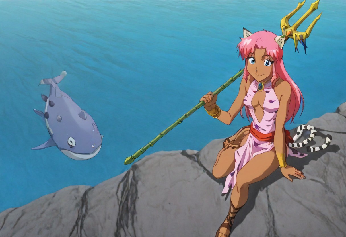 Pink_DragonPink, 1girl, sleeveless dress, white tiger print dress, pelvic curtain, cleavage, white tiger tail, red sash, small breasts, leather shoes, masterpiece, very aesthetic, smiling wide, <lora:pink-illustrious:1>, 
Break
(anime, anime coloring:1.3),1boy,Anime screencap,link (zelda),blonde hair,blue eyes,pointy ears, wearing blue hyilian tunic,
Break
Hyrule field, sunny day, on a lake, at the end of a dock, pink_dragonpink popping her head out of the water, pink_dragonpink HoldingTrident, holding trident, several fish impaled on trident, giant fish slung over shoulder, link looking in amazement,