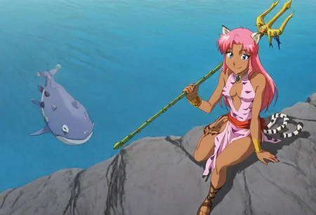 Pink_DragonPink, 1girl, sleeveless dress, white tiger print dress, pelvic curtain, cleavage, white tiger tail, red sash, small breasts, leather shoes, masterpiece, very aesthetic, smiling wide, <lora:pink-illustrious:1>,
Break
(anime, anime coloring:1.3),1boy,Anime screencap,link (zelda),blonde hair,blue eyes,pointy ears, wearing blue hyilian tunic,
Break
Hyrule field, sunny day, on a lake, at the end of a dock, pink_dragonpink popping her head out of the water, pink_dragonpink HoldingTrident, holding trident, several fish impaled on trident, giant fish slung over shoulder, link looking in amazement,