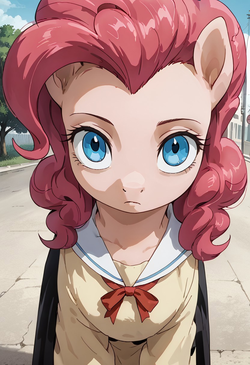 score_9, score_8_up, score_7_up, anime screencap, BREAK, my little pony Pinkie Pie, a pink earth pony with blue eyes, source_feral, outdoors, daylight, insanity-angle, expressionless face, source_anime, retro anime style, <lora:mindlessface-XL-v2:0.7>,(mindlessface:1.1),