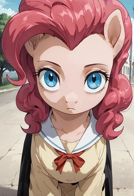 score_9, score_8_up, score_7_up, anime screencap, BREAK, my little pony Pinkie Pie, a pink earth pony with blue eyes, source_feral, outdoors, daylight, insanity-angle, expressionless face, source_anime, retro anime style, <lora:mindlessface-XL-v2:0.7>,(mindlessface:1.1),