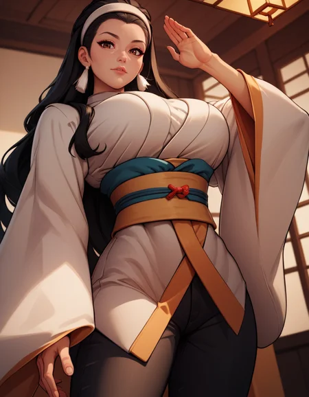 score_9, score_8_up, score_7_up,score_6_up, score_5_up, score_4_up , 1girl, solo,
large breasts,
ChizuruDG,
long hair, black hair, hair slicked back, brown eyes,
hairband, black pants, wide sleeves, sash, wide sleeves,
fighting stance,
from below,
looking at viewer,
<lora:Chizuru PXL v01:0.90>