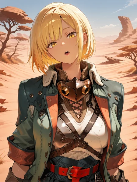 female hope armor, 1girl, blonde hair, short hair, solo, open mouth, looking at viewer, head tilt, yellow eyes, upper body, green jacket, brown gauntlets, white shirt, green skirt, brown mouth mask, watermark, red belt,nature,wildness,desert,rock,tree,
masterpiece,best quality,amazing quality,very aesthetic,absurdres,newest,<lora:MHWilds hope armor illuXL v1:0.8>,