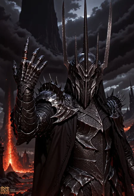 An epic dark fantasy setting, front cowboy shot of sauron, a man with armor. Wearing The One Ring in his right index finger. Wielding his drawn mace to the side. Standing with a challenging pose and imposing evil presence. Challenging viewer for an epic battle. Mount Doom & Barad'dur (dark tower) on the background. Dark thunderous clouds.