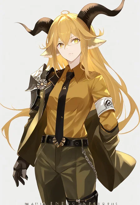 score_9, score_8_up, score_7_up, score_6_up, score_5_up, score_4_up, source_anime, 1girl, solo,
Degenbrecher, goat horns, goat ears, yellow eyes, blonde hair, long hair, hair between eyes, bangs, jacket, shirt, necktie, pants, belt, armband, armor shoulder, gloves, tight strap, boots, military uniform,
masterpiece, best quality, very aesthetic, absurdres,