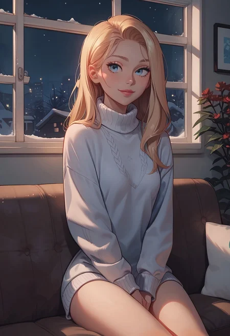 score_9, score_8_up, score_7_up, score_6_up, score_5_up, score_4_up, 1girl, 24 year old, solo, small breast, sitting on the chair, naughty smile, long blonde hair, blue eyes, sweater, indoors, night, window, winter, high quality