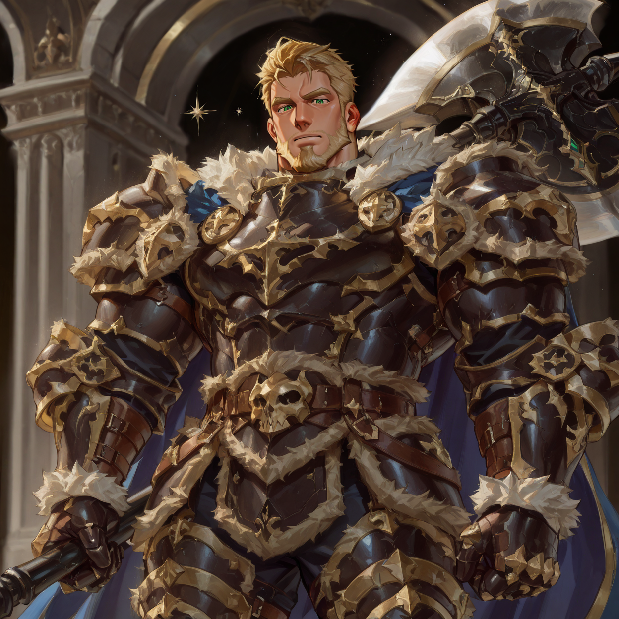 <lora:Mozein_Alchemist_Code-000003:.8>, (tagatamemozain, 1boy, blonde hair, short hair, green eyes, beard, solo, male focus, manly, mature male, bara, muscle body, fur trim, cape, armor, gauntlet, boots, grabbing battle axe,)
looking at the viewer, cowboy shot, 
(very short hair, beard, bara, mature, facial hair, stubble, beard, full beard, sideburn, beard, a lot of beard, ), facial hair,male focus, muscular male, muscular male, bara, mature,  bara, mature, aixiwuganda_(20222192), very awa, masterpiece, best quality, absurdres, newest, perfect quality, detailed background, intricate details,
<lora:slider_Body Type_alpha1.0_rank4_noxattn_last:3><lora:Anime Summer Days 2 Style SDXL_LoRA_Pony Diffusion V6 XL:.6><lora:slider_cfg_scale_boost:.7><lora:Artist6p:.55>, Artist6p, Artist04p,<lora:slider_il_brightness_slider_d1:-1><lora:slider_il_contrast_slider_d1:-1><lora:slider_DarkSlider1.2_alpha1.0_rank16_full_300steps:-.6>