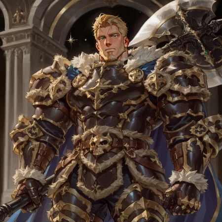 <lora:Mozein_Alchemist_Code-000003:.8>, (tagatamemozain, 1boy, blonde hair, short hair, green eyes, beard, solo, male focus, manly, mature male, bara, muscle body, fur trim, cape, armor, gauntlet, boots, grabbing battle axe,)
looking at the viewer, cowboy shot, 
(very short hair, beard, bara, mature, facial hair, stubble, beard, full beard, sideburn, beard, a lot of beard, ), facial hair,male focus, muscular male, muscular male, bara, mature,  bara, mature, aixiwuganda_(20222192), very awa, masterpiece, best quality, absurdres, newest, perfect quality, detailed background, intricate details,
<lora:slider_Body Type_alpha1.0_rank4_noxattn_last:3><lora:Anime Summer Days 2 Style SDXL_LoRA_Pony Diffusion V6 XL:.6><lora:slider_cfg_scale_boost:.7><lora:Artist6p:.55>, Artist6p, Artist04p,<lora:slider_il_brightness_slider_d1:-1><lora:slider_il_contrast_slider_d1:-1><lora:slider_DarkSlider1.2_alpha1.0_rank16_full_300steps:-.6>