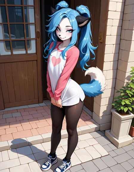 masterpiece, best quality, very aesthetic, absurdres,
outdoors,
full body, standing, posing,
casual,
seductive smile, parted lips, long eyelashes,
<lora:Moisha_v01_NAIXL:1> Moisha,1boy,solo,furry,furry male,male focus,otoko no ko,animal ears,blue hair,long hair,ponytails,blue eyes,snout,animal nose,dog tail,