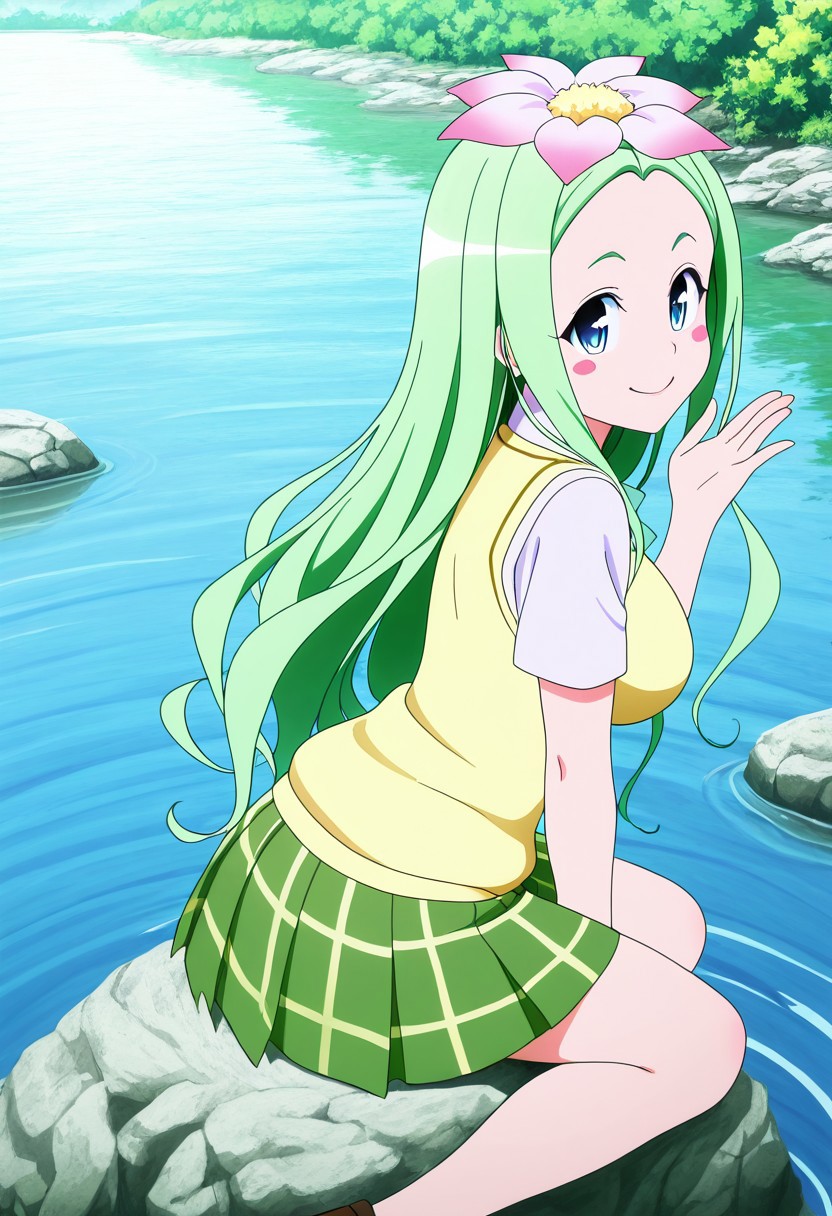 masterpiece, best quality, medium breasts, anime screenshot, to love-ru, to love-ru darkness, absurdres, highres, smile, solo,
celine \(to love-ru\) , celine, large breasts, long hair, blue eyes, hair ornament, flower, green hair, hair flower, wavy hair, blush stickers, anime screencap,
green skirt, plaid, plaid skirt, sainan school uniform, school uniform, skirt, sweater vest, yellow sweater, short sleeves,
sitting on a rock, lakeside, gentle breeze, reflective water, warm sunlight, relaxed expression, looking at viewer, smile, side view, from above, Sitting on a smooth rock by the crystal-clear lake, she leans back on her hands, letting out a soft sigh of contentment. The afternoon sun glistens on the rippling water, creating shimmering reflections that dance across her clothes. hair sways in the light breeze.