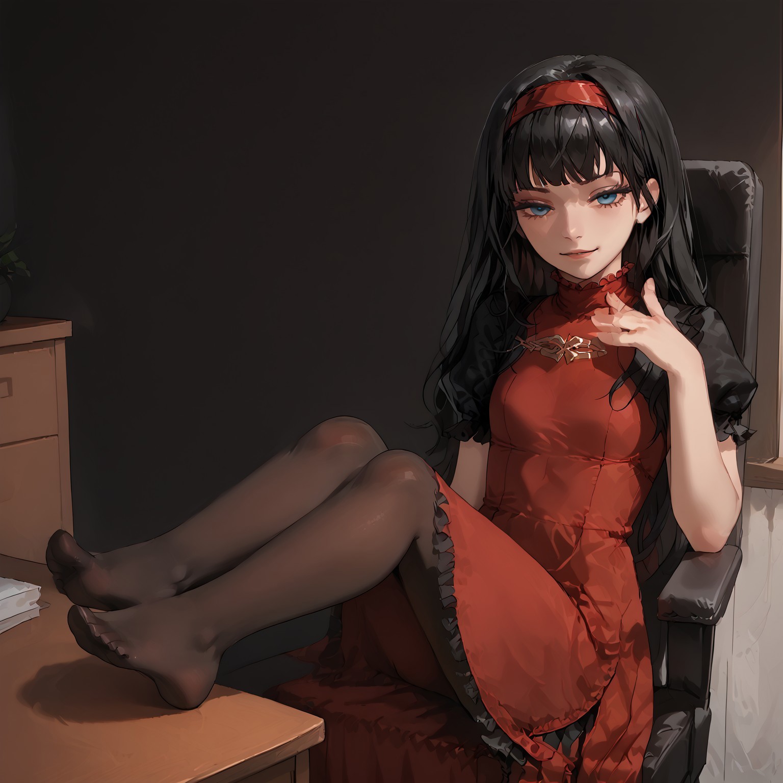 safe_pos, safe_pos, safe_pos, safe_pos, score_9, score_8_up, score_8_up, source_anime, source_safe,  expressiveh,  

solo, 
1girl ,

rg1rl, black hair, long hair, red hairband, blue eyes, puffy sleeves, red dress, frills, ((black pantyhose)), ((petite, petite body)) ((small braist)), perfect body, perfect butt,

 suit, shirt,skirt, (black pantyhose, stocking)

crosft, feet on table, full body, crossed legs, sitting, legs, foreshortening, thighs, soles, feet, foot focus, arm up, looking at viewer, smug, half-closed eyes, indoors, office chair, office, desk,

in hospital office, 