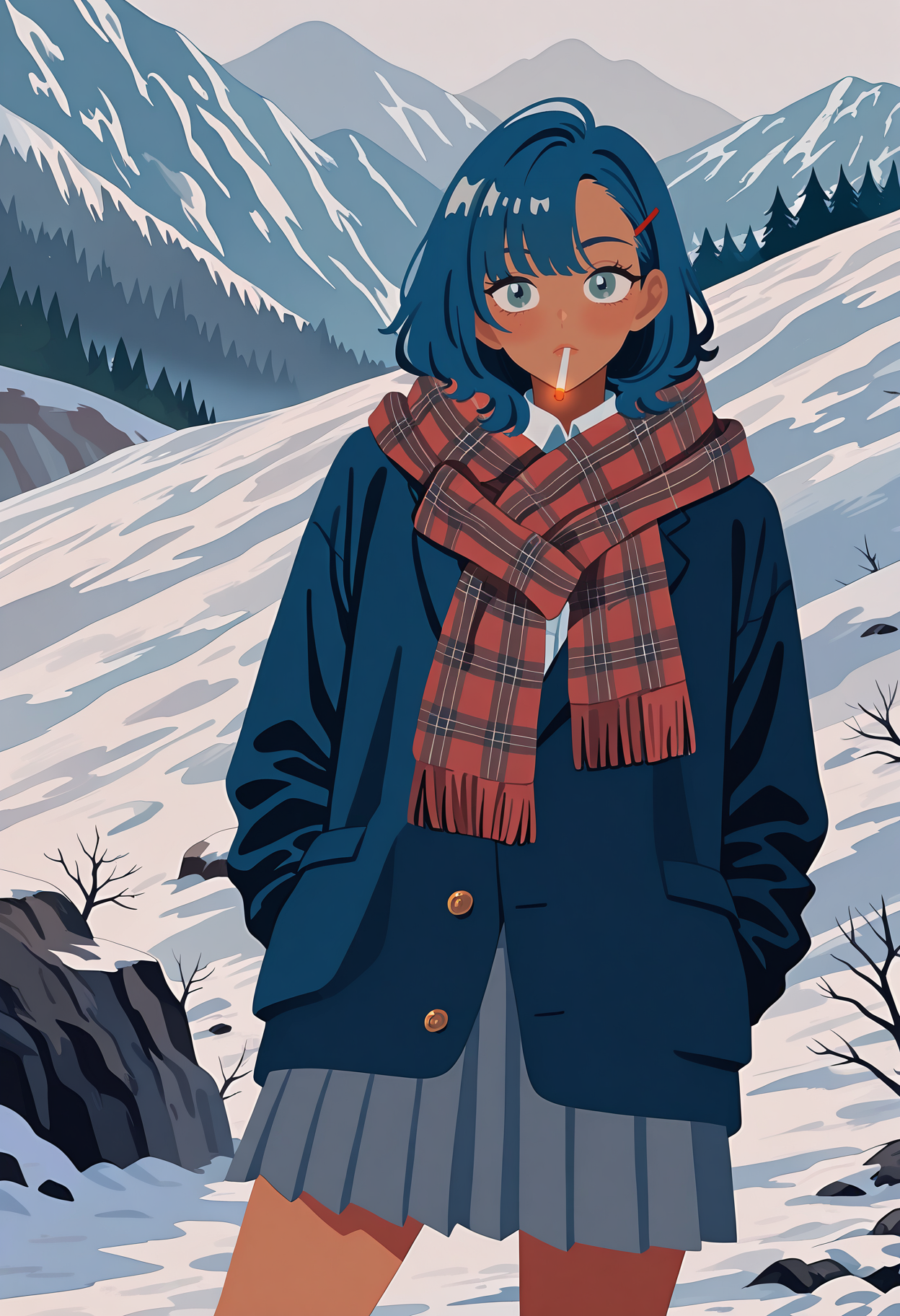 1girl,   blue hair,  medium hair,   asymmetrical bangs,    completely dark skin,   
BREAK   1girl, Standing with legs apart, smoking, holding cigarette to the mouth,   naughty,      
BREAK                   winter uniform, school uniform, blazer, plaid scarf,  snowy mountaintop, on a rock, (winter clothes, thick clothes),      
BREAK general, (kuroihato:1.15), (catbell:0.55), masterpiece, best quality, absurdres, highres, newest, <lora:ponyv6_noobV1_2_adamW:0.7>, <lora:VICE_v1.0:0.4>