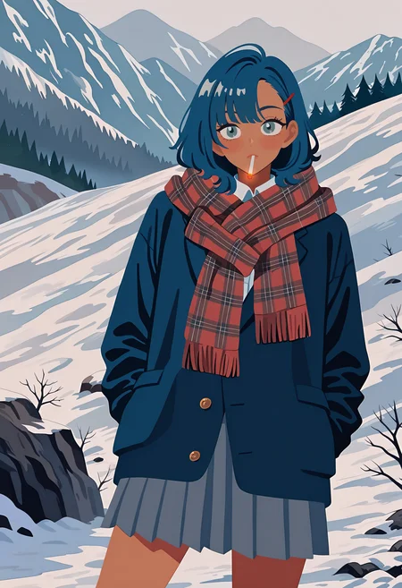 1girl, blue hair, medium hair, asymmetrical bangs, completely dark skin,
BREAK 1girl, Standing with legs apart, smoking, holding cigarette to the mouth, naughty,
BREAK winter uniform, school uniform, blazer, plaid scarf, snowy mountaintop, on a rock, (winter clothes, thick clothes),
BREAK general, (kuroihato:1.15), (catbell:0.55), masterpiece, best quality, absurdres, highres, newest, <lora:ponyv6_noobV1_2_adamW:0.7>, <lora:VICE_v1.0:0.4>