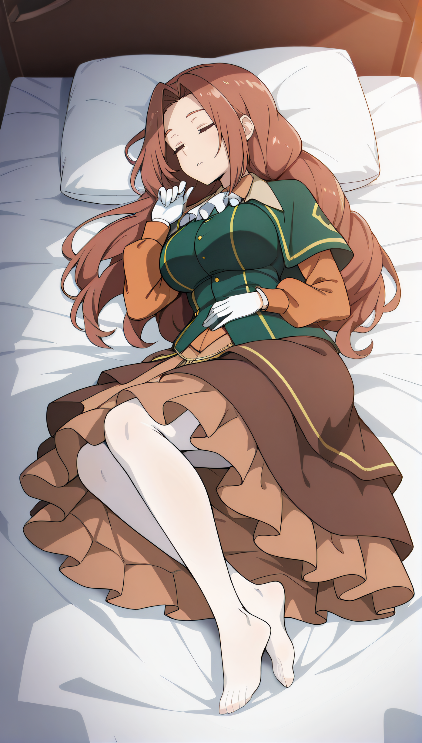 masterpiece, best quality, highres, newest, scenary, 1girl, solo, official style, <lora:IL_Sheila_Ibarss:1>, sheila, large breasts, long dress, green jacket, orange sleeves, white gloves, layered skirt, brown skirt on sides, white pantyhose, feet, closed eyes, sleeping, hand on stomach, lying on bed, bed sheet, parted lips, full body