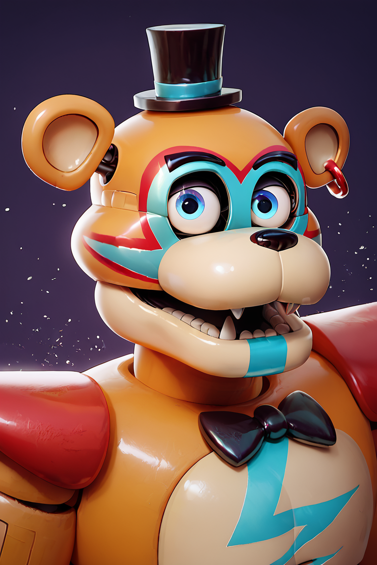 score_9, score_8_up, score_7_up, score_6_up, lots of details, upper body, FNAF, glamrockfreddy, spiked bracelet, animatronic, orange fur, blue eyes, top hat, earring, open mouth, looking at viewer, detailed, masterpiece, best quality, 32k, shaded, detailed shading, light particles, purple background, best eyes <lora:GlamrockFreddyPony:0.95>