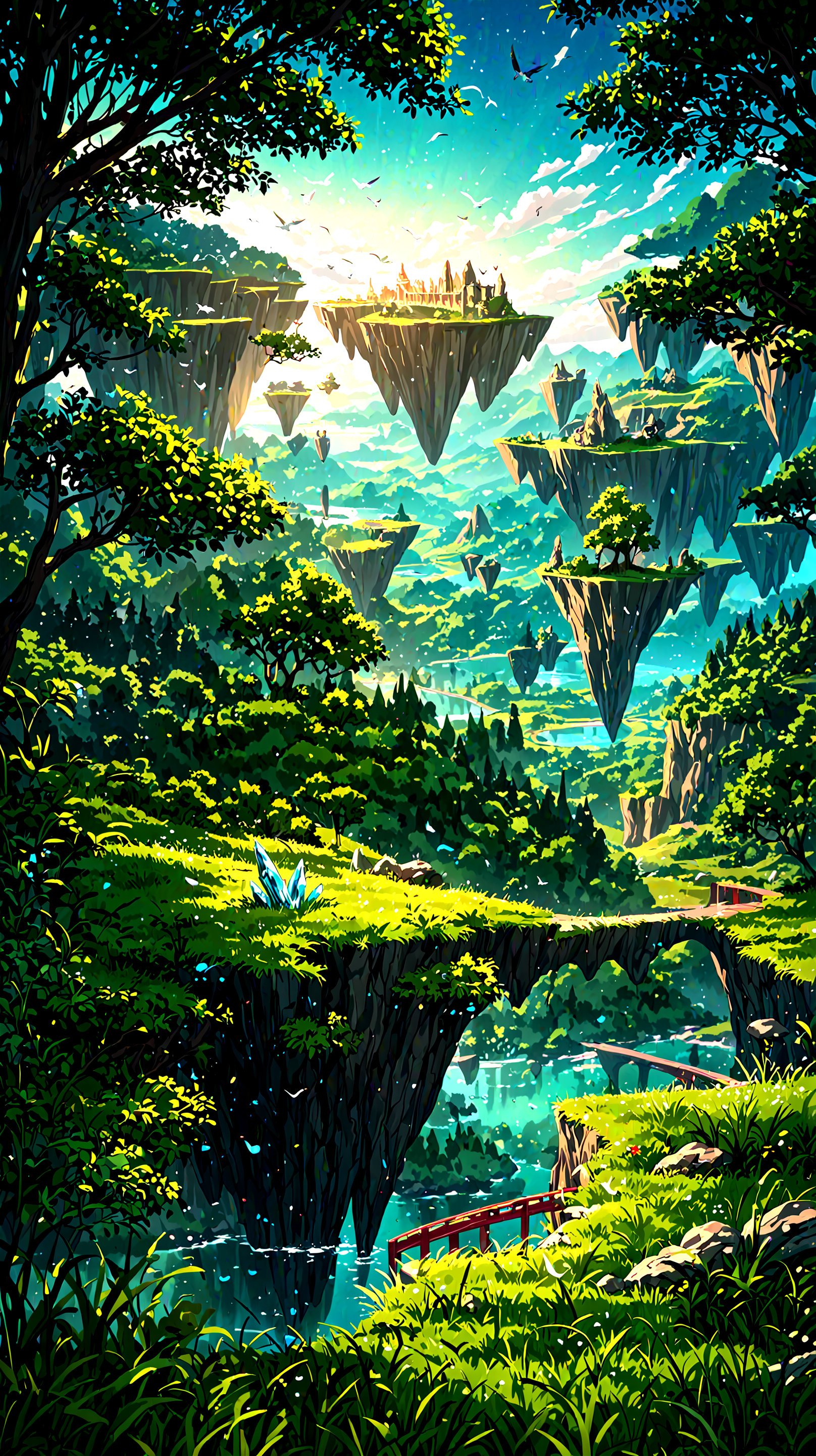 scenery, floating island, no humans, (bird:1.1), grassland, bridge, deep forest, lake, sky, crystal, fantasy, blurry background, artistic filter, polarized, masterpiece, best quality, amazing quality, very aesthetic, absurdres, newest,