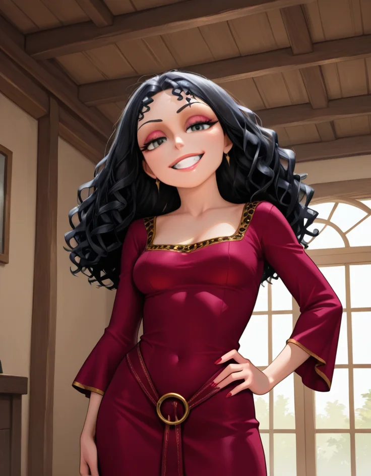 masterpiece, best quality, amazing quality, very aesthetic, absurdres,  newest, detailed background, cowboy shot, 4k, 8k, dynamic angle, indoors,
gothelxd, 1girl, 
solo, curly hair, long hair, black hair, grey eyes, makeup, dress, medium breasts, loose sleeves, grin, sexy, seductive, looking at viewer, one hand on hip,
 <lora:Mother_Gothel_-_Disney_Illustrious:1>