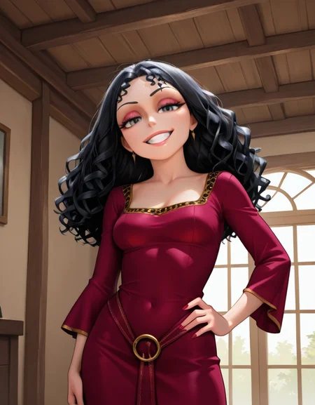 masterpiece, best quality, amazing quality, very aesthetic, absurdres,  newest, detailed background, cowboy shot, 4k, 8k, dynamic angle, indoors,
gothelxd, 1girl, 
solo, curly hair, long hair, black hair, grey eyes, makeup, dress, medium breasts, loose sleeves, grin, sexy, seductive, looking at viewer, one hand on hip,
 <lora:Mother_Gothel_-_Disney_Illustrious:1>