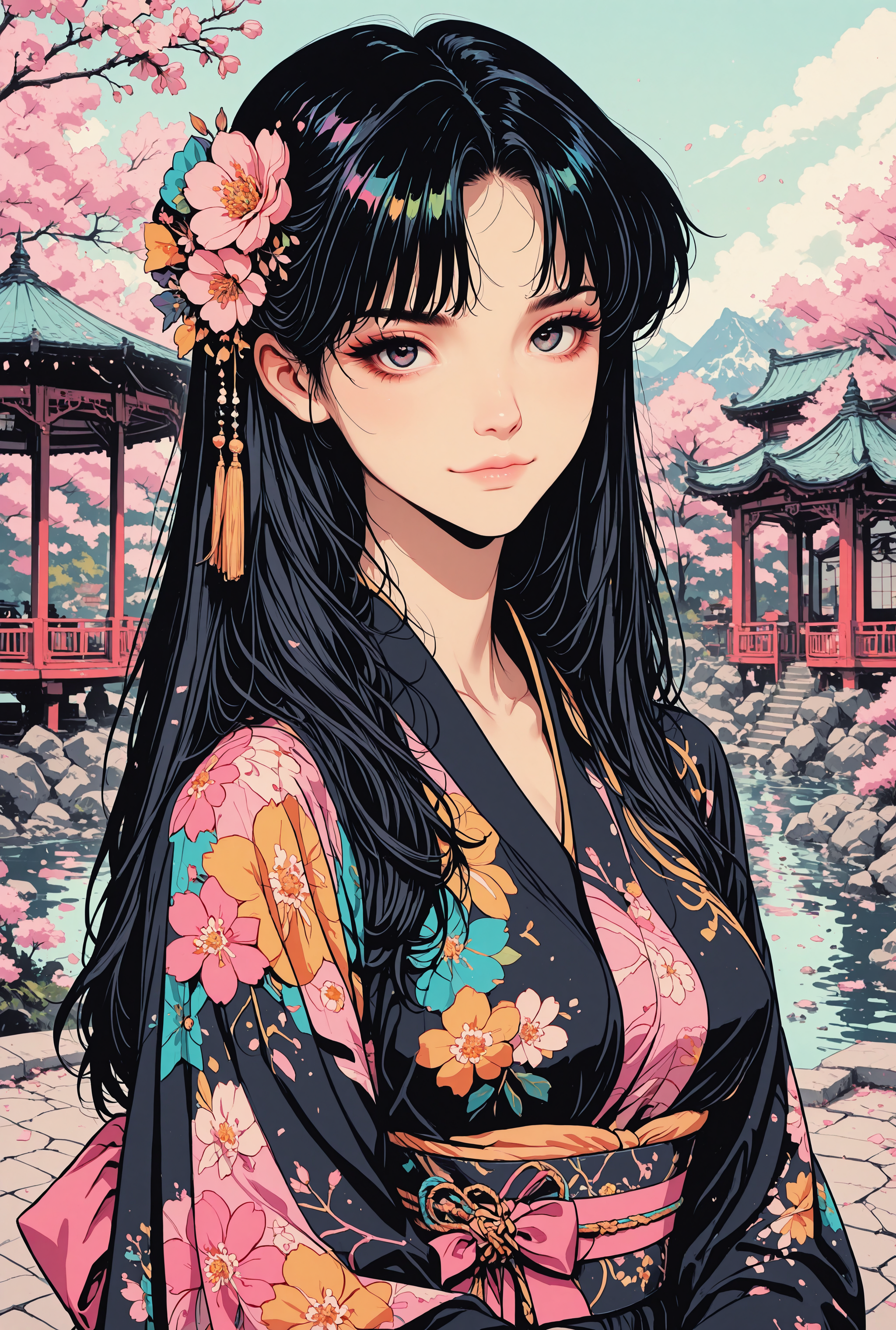 masterpiece, best quality, good quality, very aesthetic, absurdres, newest, 8K, focused subject, close up, detailed_eyes, sexy, detailed, hyper-detailed, detailed, 
BREAK, black_hair, colorful floral kimono, petite body, medium breasts, traditional japanese flower hair ornament,
BREAK, confident expression, sexy pose, bedroom_eyes, holding japanese umbrella,
BREAK, solo, detailed_background, japanese castle, zen garden, cherry blossom trees, colorful flowers, pond, gazebo, looking at viewer, close up <lora:ck-neon-retrowave-IL-000012:0.8> <lora:ck-Ncore-anime-IL-000012:0.6> <lora:ck-shadow-circuit-IL-000012:0.75> <lora:MoriiMee_Gothic_Niji_Style_Illustrious_r1:0.45>