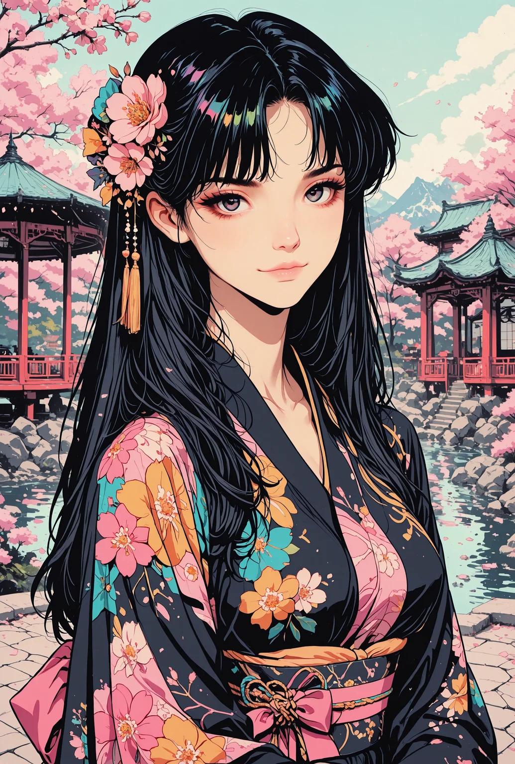 masterpiece, best quality, good quality, very aesthetic, absurdres, newest, 8K, focused subject, close up, detailed_eyes, sexy, detailed, hyper-detailed, detailed,
BREAK, black_hair, colorful floral kimono, petite body, medium breasts, traditional japanese flower hair ornament,
BREAK, confident expression, sexy pose, bedroom_eyes, holding japanese umbrella,
BREAK, solo, detailed_background, japanese castle, zen garden, cherry blossom trees, colorful flowers, pond, gazebo, looking at viewer, close up <lora:ck-neon-retrowave-IL-000012:0.8> <lora:ck-Ncore-anime-IL-000012:0.6> <lora:ck-shadow-circuit-IL-000012:0.75> <lora:MoriiMee_Gothic_Niji_Style_Illustrious_r1:0.45>