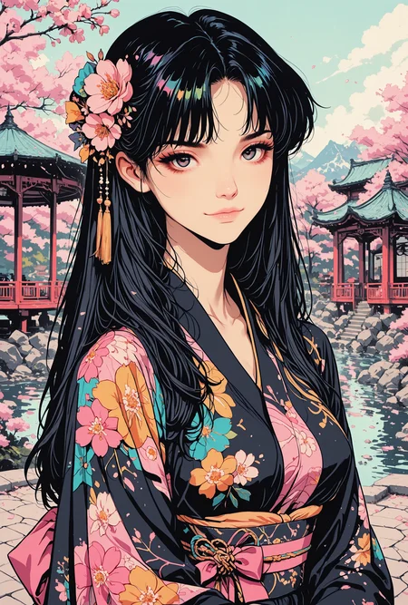 masterpiece, best quality, good quality, very aesthetic, absurdres, newest, 8K, focused subject, close up, detailed_eyes, sexy, detailed, hyper-detailed, detailed, 
BREAK, black_hair, colorful floral kimono, petite body, medium breasts, traditional japanese flower hair ornament,
BREAK, confident expression, sexy pose, bedroom_eyes, holding japanese umbrella,
BREAK, solo, detailed_background, japanese castle, zen garden, cherry blossom trees, colorful flowers, pond, gazebo, looking at viewer, close up <lora:ck-neon-retrowave-IL-000012:0.8> <lora:ck-Ncore-anime-IL-000012:0.6> <lora:ck-shadow-circuit-IL-000012:0.75> <lora:MoriiMee_Gothic_Niji_Style_Illustrious_r1:0.45>