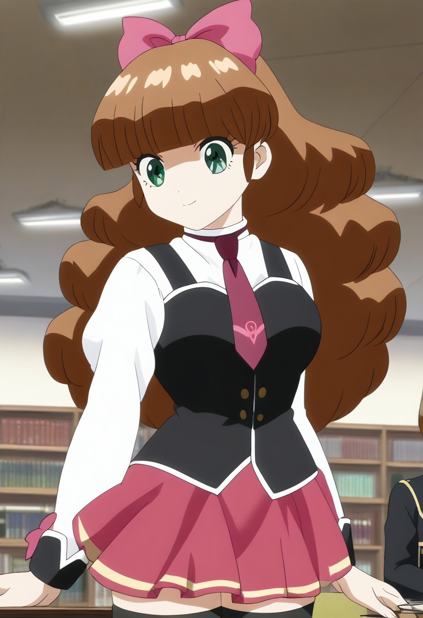 score_9, score_8_up, score_7_up, source_anime, 1girl, solo, <lora:azusa.pony:1>, azusa, anime coloring, long hair, green eyes, brown hair, blunt bangs, large breasts, library, <lora:bible_black_uniform_xl_v3:1>, school uniform, white shirt, black vest, black thighhighs, red skirt, red necktie, anime coloring,anime screencap, sexy pose
