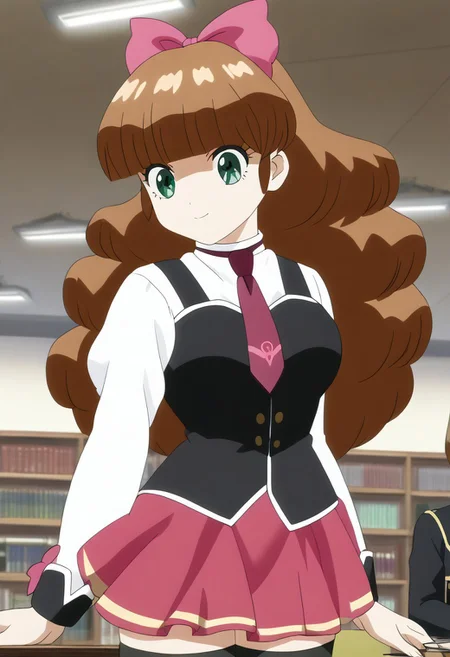 score_9, score_8_up, score_7_up, source_anime, 1girl, solo, <lora:azusa.pony:1>, azusa, anime coloring, long hair, green eyes, brown hair, blunt bangs, large breasts, library, <lora:bible_black_uniform_xl_v3:1>, school uniform, white shirt, black vest, black thighhighs, red skirt, red necktie, anime coloring,anime screencap, sexy pose