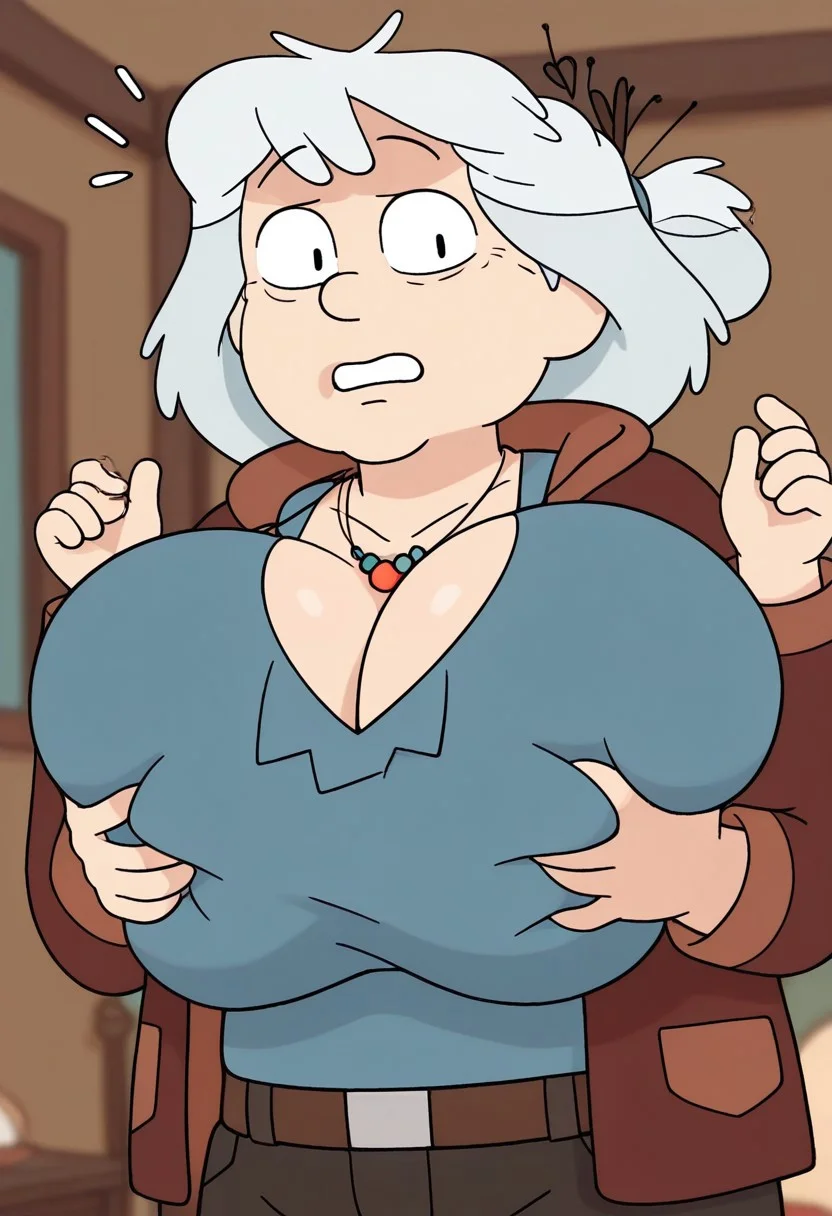 1girl,solo
black eyes,grey hair,old woman,white hair,
looking at viewer,
w arms
belt, jewelry, , necklace, , , , shirt, , upper body,, solo, , jacket
medium body focus
cleavage
hyper breasts,gigantic breasts,
blue shirt,cleavage,black pants,looking at viewer, breast grab), grab, deep skin, shocked,confused, surprised,scared,clenched teeth, bedroom, looking at viewer, upper body, 1boy, breast grab by another