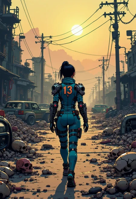 digital artwork in the style of cknc, The image depicts a character walking through a post-apocalyptic landscape, evoking a strong sense of desolation and survival. The character is seen from behind, walking away from the viewer down a deserted road. The character is wearing a form-fitting blue jumpsuit with the number "13" prominently displayed on the back, suggesting affiliation with some kind of group or organization. The suit is equipped with metallic shoulder pads and armguards, giving a futuristic or sci-fi look, possibly for protection. The environment around the character is grim and dystopian. The road is littered with debris such as skulls, bones, and discarded items, indicating past violence or death. There are remnants of old vehicles and crumbling buildings, some still standing but in a severely dilapidated state, hinting at a once-functioning society that has now collapsed. The lighting is dramatic, with the sun low in the sky, casting a golden hue over the scene. This creates long shadows, enhancing the visual depth of the image and giving the landscape a haunting beauty despite its ruinous state. The character’s stance, confidently walking into the horizon, suggests resilience, as though they are on a mission or journey in this ruined world. The image captures a mixture of isolation, determination, and the stark beauty of a world ravaged by disaster. <lora:ck-nc-pastel-cyberpunk:1.2> <lora:fluxVikingPunk:0.6>